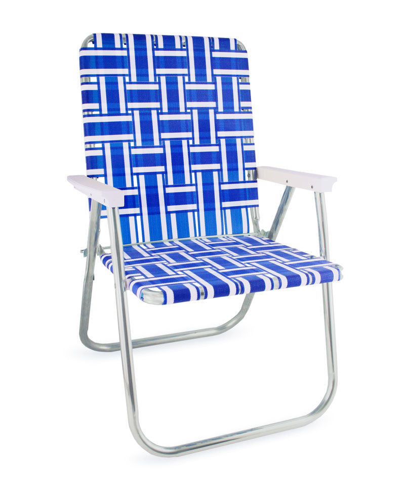 Blue and White Stripe Folding Aluminum Webbing Lawn Chair Deluxe