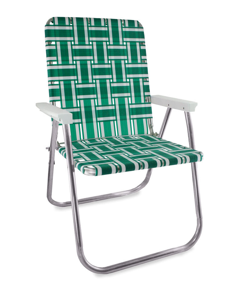 Green and White Stripe Folding Aluminum Webbing Lawn Chair Deluxe