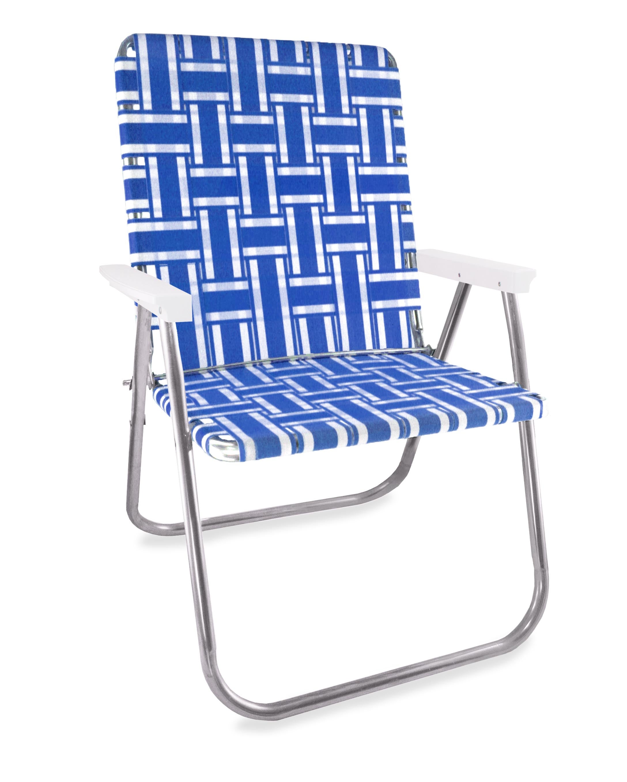 Lawn Chair USA Blue and White Stripe Aluminum Webbing Magnum Chair with White Arms