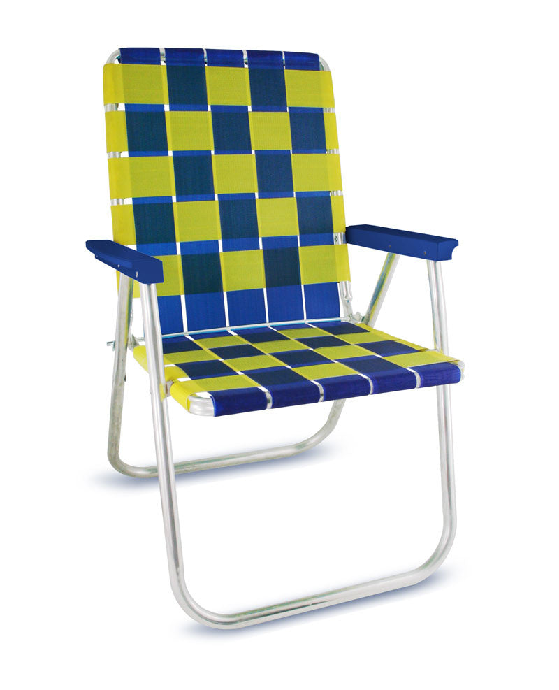Blue/Yellow Folding Aluminum Webbing Lawn Chair Deluxe