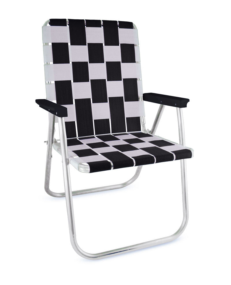 Black/White Folding Aluminum Webbing Lawn Chair Deluxe with Black Arms