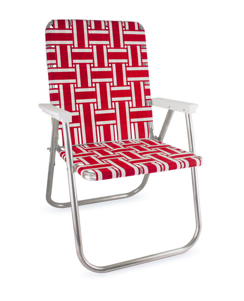 Red and White Stripe Folding Aluminum Webbing Lawn & Beach Chair Deluxe