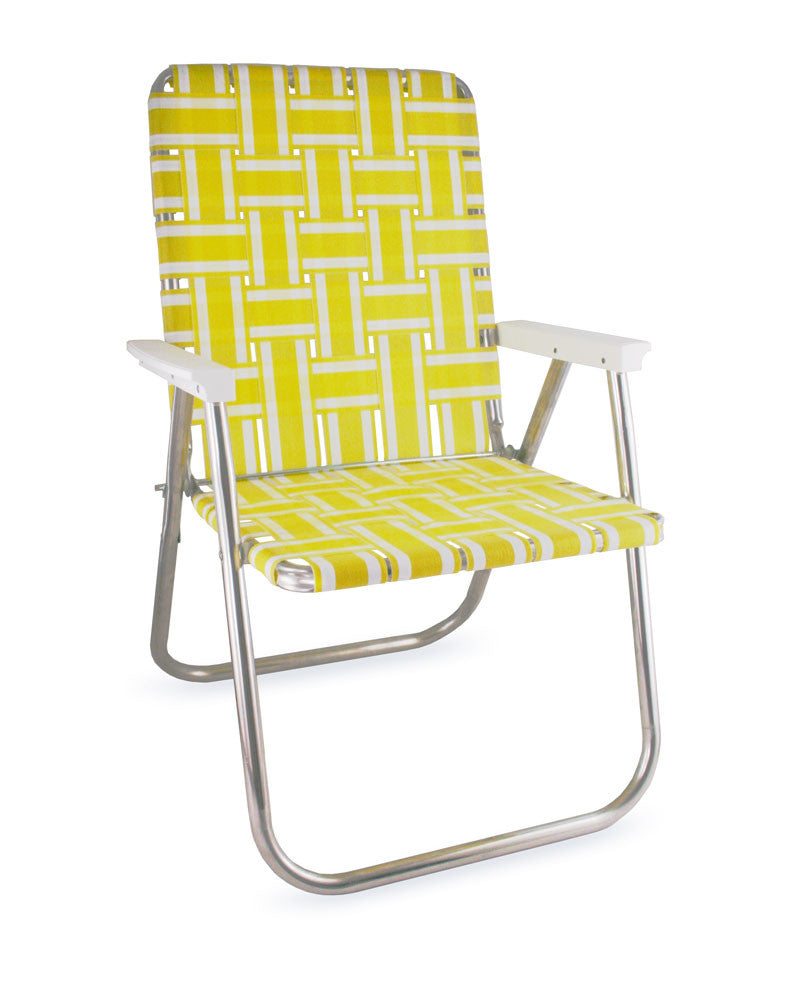 Yellow and White Stripe Folding Aluminum Webbing Lawn & Beach Chair Deluxe