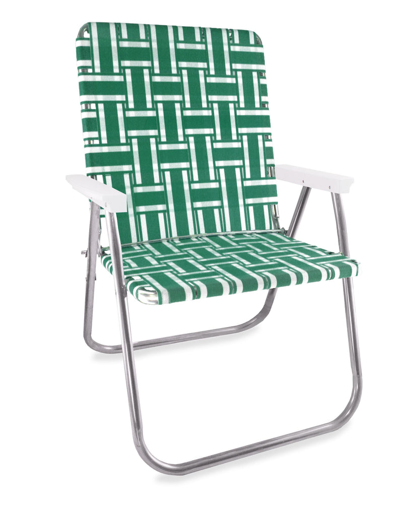 Lawn Chair USA Green and White Stripe Folding Aluminum Webbing Magnum Chair